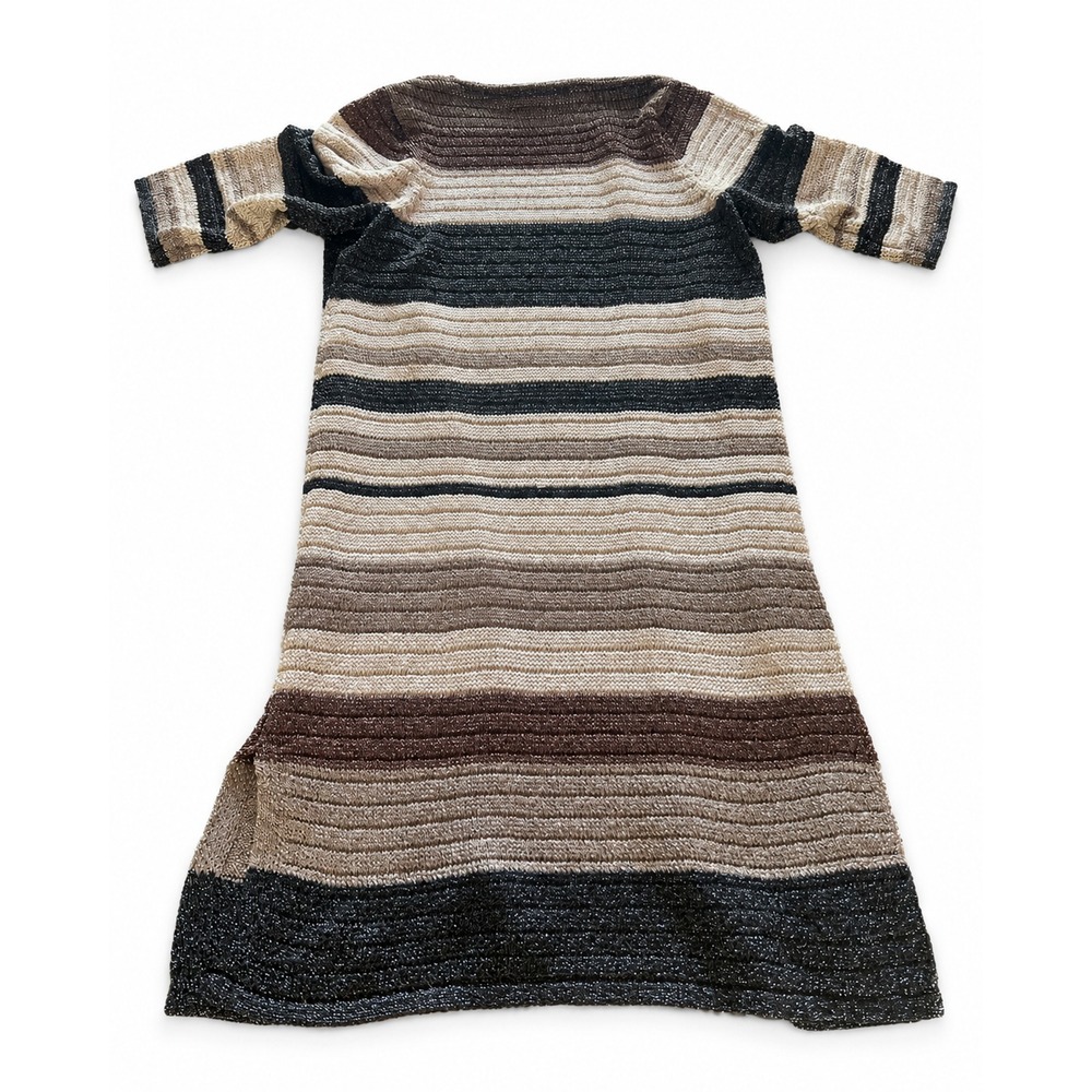 Chicos Metallic Striped Longline Cardigan Black Cream Brown Open Front Size 2 - Picture 4 of 7